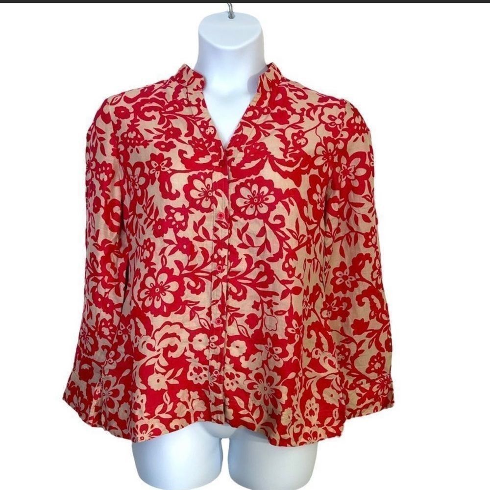 Charter Club Linen Pink Printed Long Roll-Tab Sleeve Blouse Size 12
